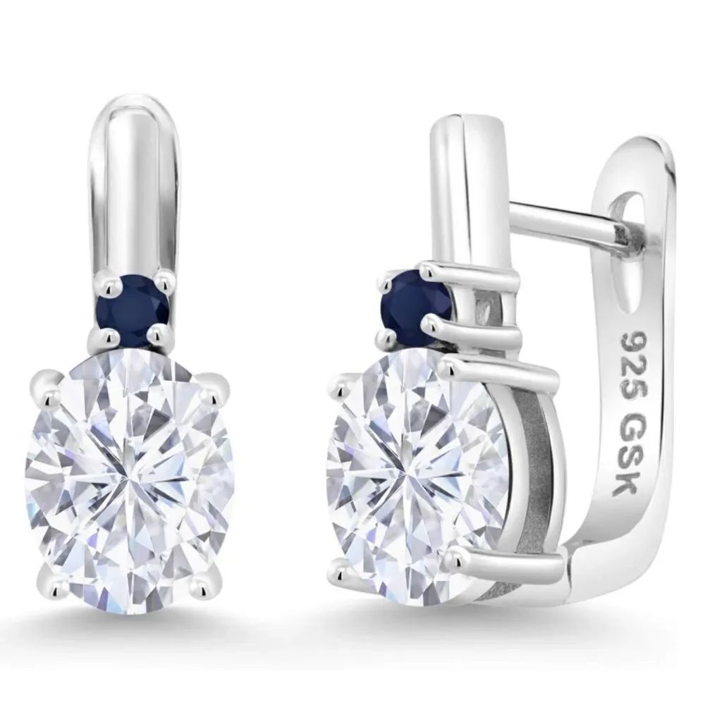 925 Sterling Silver with 4.30 Cttw White Moissanite and Blue Sapphire Earrings